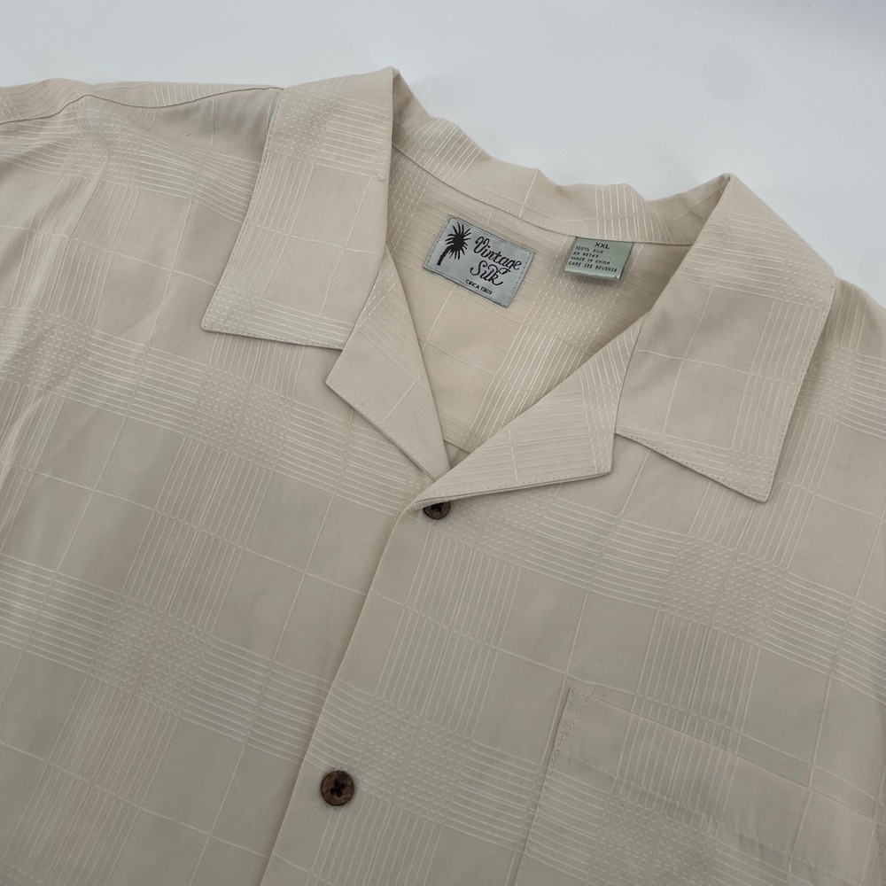 Vintage Silk Button Up Shirt Mens XXL Beige Tonal Grid Camp Collar Short Sleeve
